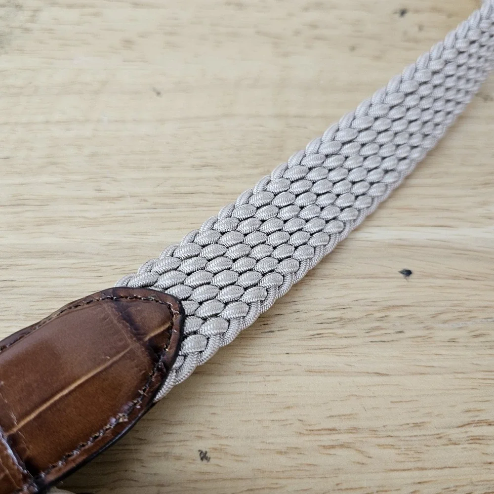Brighton Mens 42‎ Brown Leather Woven Stretch Belt Gold Buckle Croc Trim 3350